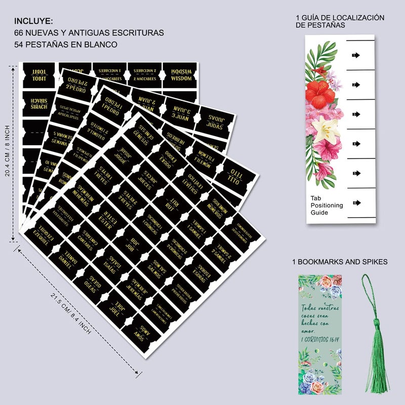 Cualfec Spanish Catholic Bible Index Tabs New & Old Testament Tabs Matte Laminated Floral Design, Bible Journaling Supplies - 122 Pcs (Black - Gold Foil) - Image 2